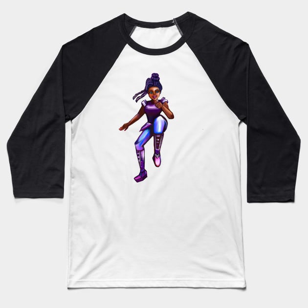 Black anime superhero girl from outer space doing a high knee kick ! beautiful  black girl with Afro hair, brown eyes, Cherry pink lips and dark brown skin. Hair love ! Baseball T-Shirt by Artonmytee